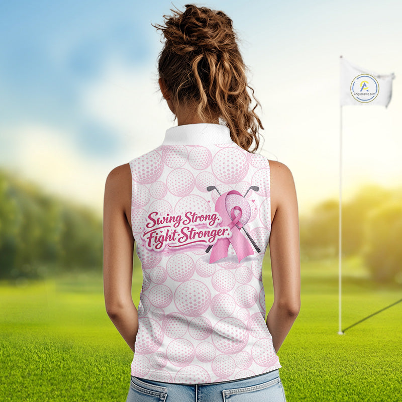 Swing Strong Fight Stronger Pink Ribbon Custom Breast Cancer Ladies Sleeveless Women Golf Polo Shirt NHT796