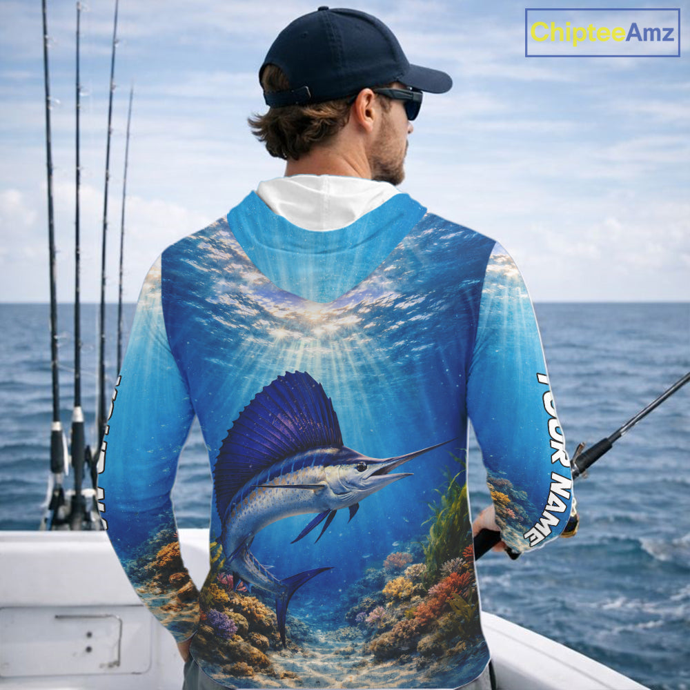 Personalized Offshore Fishing Jerseys, Sailfish Fishing Shirts Long Sleeve Hooded For Men NHT821