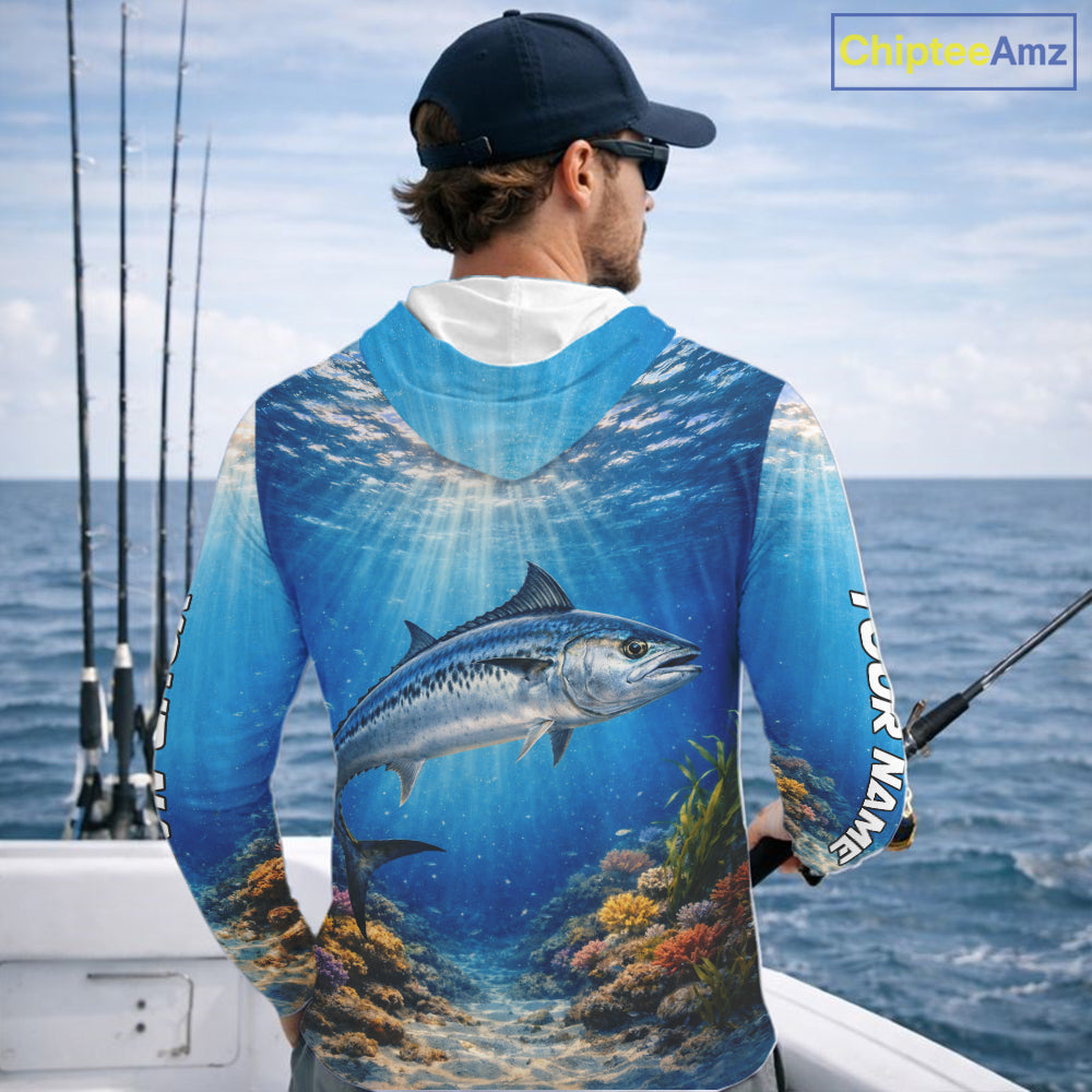 Personalized Offshore Fishing Jerseys, King Mackerel Fishing Shirts Long Sleeve Hooded For Men NHT823