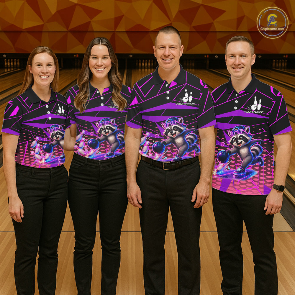Custom Bowling Team Polo Shirt Neon Raccoon Bowling Personalized Name Jersey For Men NHT1138