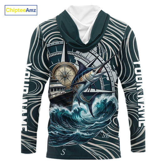 Marlin Fishing Hooded Long Sleeve Shirt Ocean Wave Compass Design, UV Protection Performance Fishing Apparel NHT613
