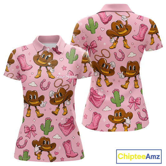 Personalized Women’s Western Polo Shirt Retro Pink Cowgirl Cartoon Pattern Custom Name