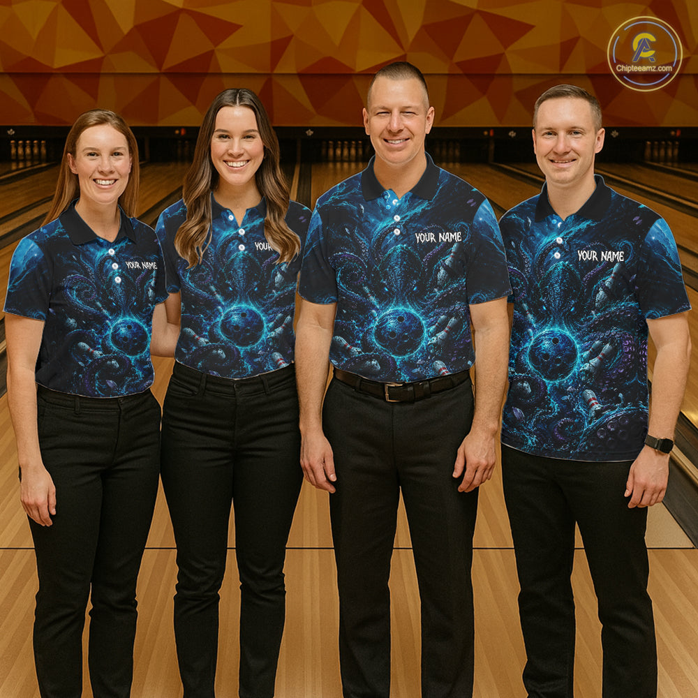 Custom Blue Kraken Bowling Jersey For Womens Bowling Team Shirts Bowling League Polo & 1/4 Zip NHT1149