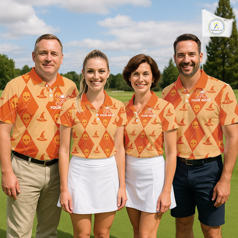 Custom Name Halloween Orange Witch Hat Women Golf Shirt, Personalized Argyle Skull Polo NHT1304