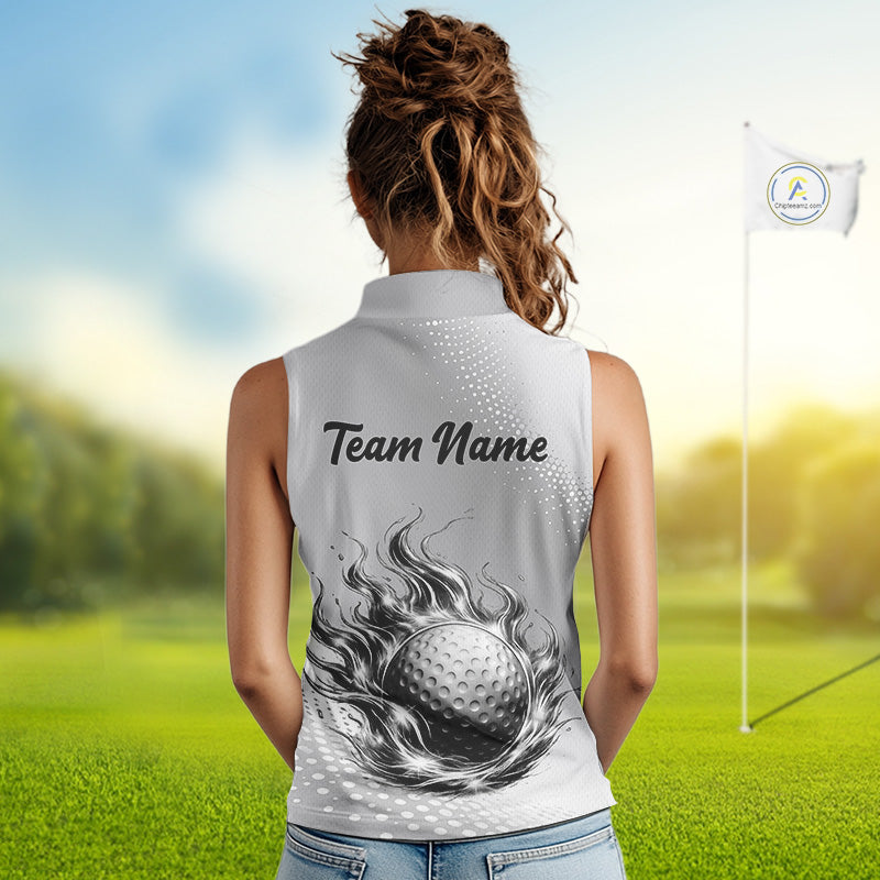 Personalized Flaming Golf Ball Sleeveless Polo Shirt Gray Fire Design Custom Name Golf Shirts For Team NHT619