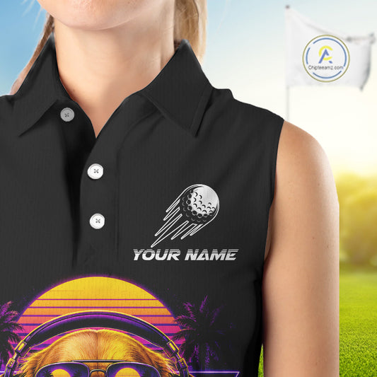 Retro Synthwave Golden Retriever Womens Sleeveless Golf Polo Shirt - Funny Dog Dad Golfing Apparel