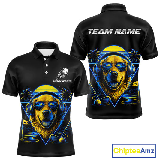 Personalized Golden Retriever Golf Shirt, Neon Blue Cyberpunk Dog Golf Polo Shirt For Men