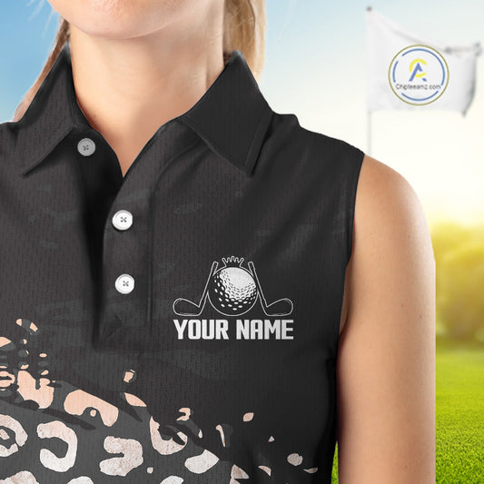 Custom Name Leopard Print Sleeveless Women Polo Shirt – Stylish Animal Print Golf Polo For Womens NHT855