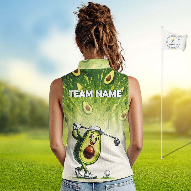 Person wearing a sleeveless shirt with an avocado character and 'TEAM NAME' text on a golf course