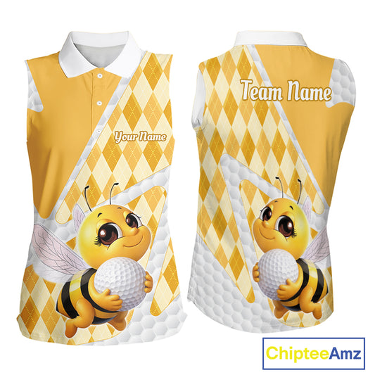 Personalized Bee Womens Sleeveless Golf Polo Shirt Argyle Golf Shirt Custom Name Golfer Shirt Golf Gift NHT687