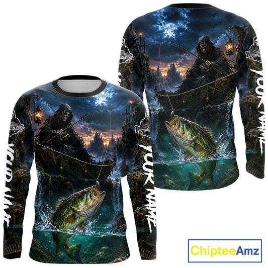 Grim Reaper Fishing Jersey, Largemouth Bass Long Sleeve UV Performance Shirt For Men