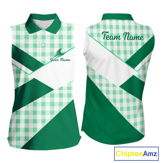 Custom Womens Sleeveless Green Gingham Plaid Golf Polo Shirts– Personalized Ladies Golf Apparel NHT716