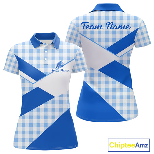 Custom Women’s Blue Gingham Plaid Golf Polo Shirts– Personalized Ladies Golf Apparel NHT718