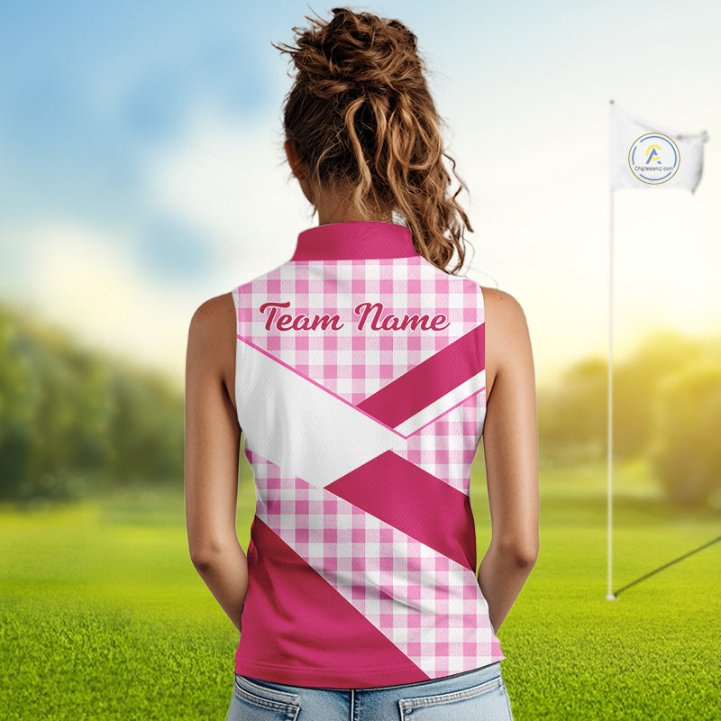 Custom Womens Sleeveless Pink Gingham Plaid Golf Polo Shirts– Personalized Ladies Golf Apparel NHT719