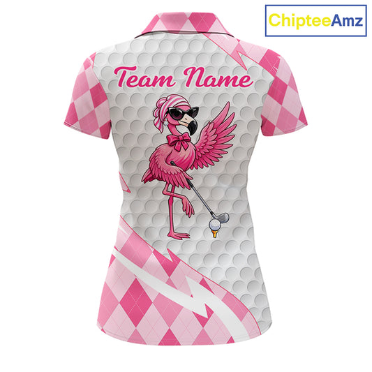 Pink Argyle Plaid Pattern Funny Flamingo Golf Wine Womens Golf Polos Shirt Custom Funny Golf Shirt For Ladies NHT738