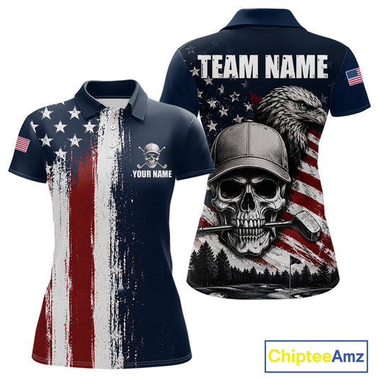 Personalized Skull Eagle Womens Golf Polo Shirt American Flag Patriotic Golf Shirt Custom Name
