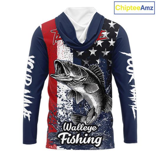 Walleye Custom US Flag Hooded Long Sleeve Shirt, Men's Fishing Shirt NHT412