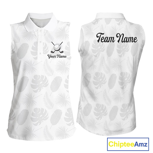 Sleeveless Womens Golf Polo Shirts Custom Gray Tropical Leaves Golf Shirts, Best Womens Golf Wears NHT783