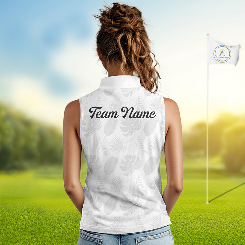 Sleeveless Womens Golf Polo Shirts Custom Gray Tropical Leaves Golf Shirts, Best Womens Golf Wears NHT783