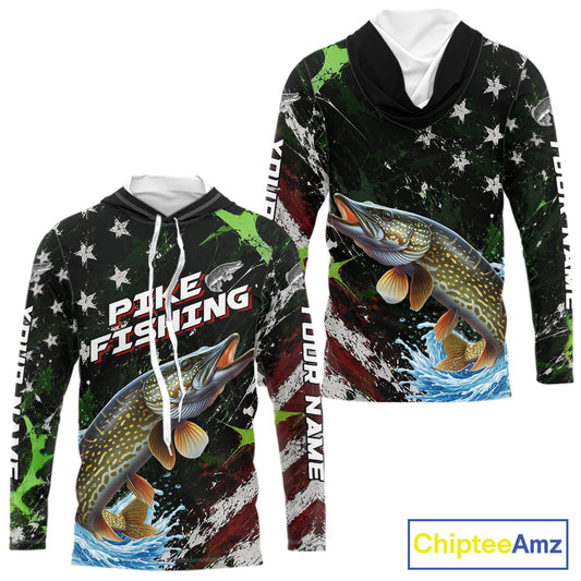 Best Pike Fishing Shirt Long Sleeve Hooded American Flag Patriotic Custom Name