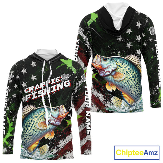 Best Crappie Fishing Shirt Long Sleeve Hooded American Flag Patriotic Custom Name