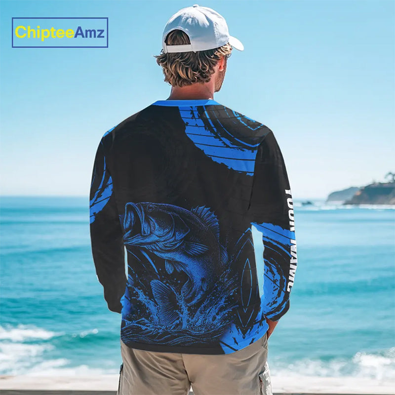 Personalized Bass Fishing Jerseys, Bass Fishing Scale Long Sleeve Shirt| Blue NHT387