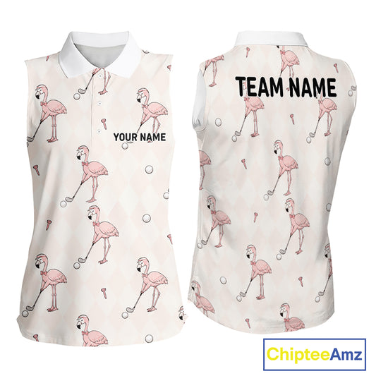 Personalized Argyle Funny Flamingo Pattern Womens Sleeveless Golf Polo Shirt - Custom Golf Team Gift
