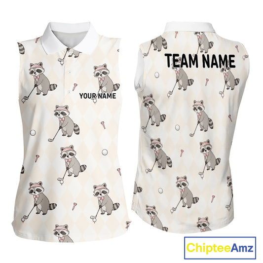Personalized Funny Argyle Raccoon Pattern Womens Sleeveless Golf Polo Shirt - Custom Golf Team Gift