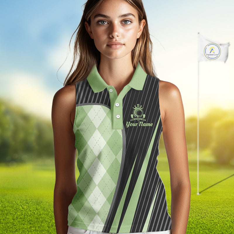 Womens Sleeveless Golf Polo Shirt Green Black Argyle Plaid Golf Pattern Custom, Womens Shirt Golf Tops NHT667