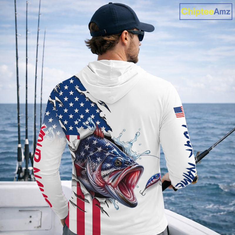 Bass Fishing Shirts Long Sleeve Hooded With American Flag – USA Patriotic Angler Performance Shirt