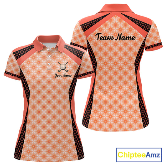Custom Womens Coral Golf Polo, Personalized Geometric Pattern Golf Shirt With Name, Pink Golf Jersey NHT701