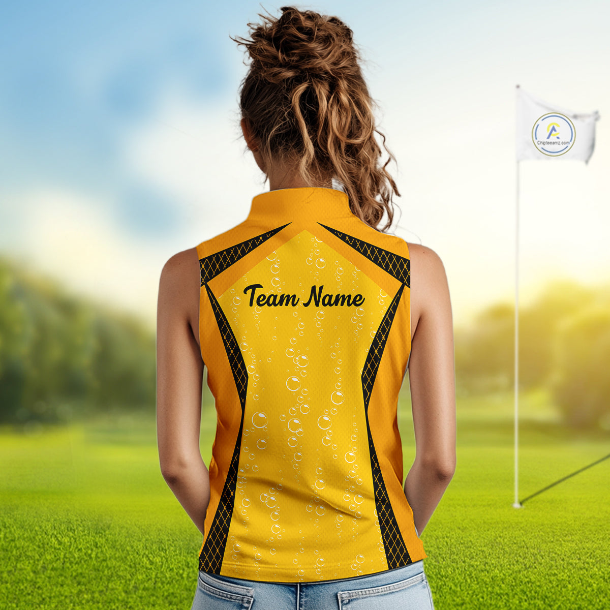 Custom Womens Sleeveless Beer Bubbles Golf Polo Shirt, Personalized Yellow Beer Themed Golf Jersey With Name, Gift For Golfer NHT703