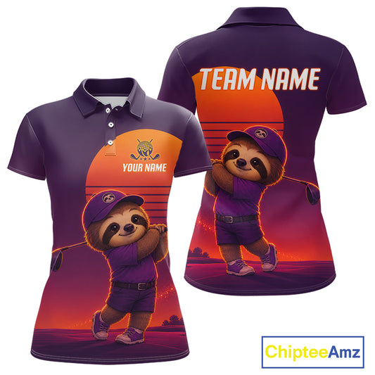 Personalized Sloth Golf Shirt - Retro Sunset Womens Golf Polo Shirt