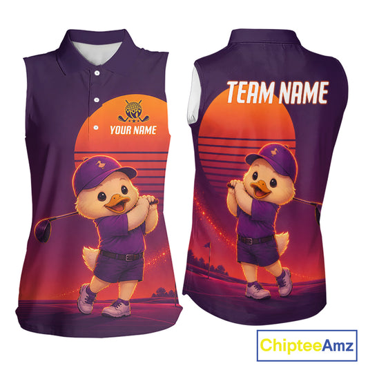 Personalized Duck Golf Shirt - Retro Sunset Womens Sleeeveless Golf Polo Shirt