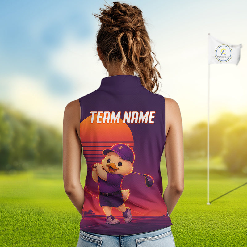 Personalized Duck Golf Shirt - Retro Sunset Womens Sleeeveless Golf Polo Shirt