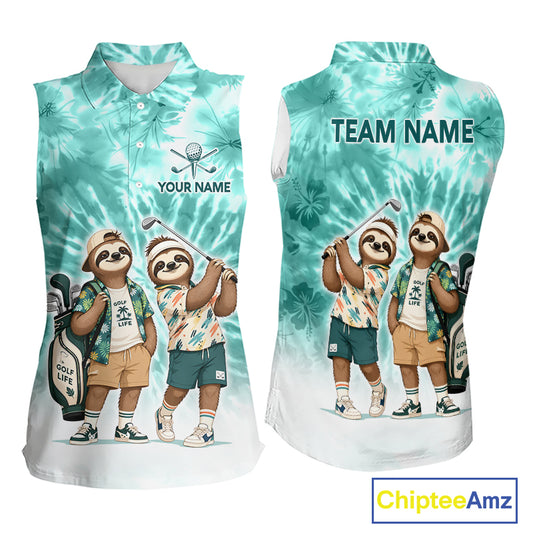 Funny Sloth Sleeveless Womens Golf Polo Shirt – Blue Tie Dye Custom Name Golf Shirt, Golf Gift NHT880