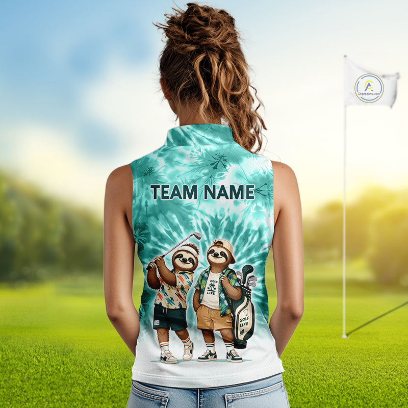 Funny Sloth Sleeveless Womens Golf Polo Shirt – Blue Tie Dye Custom Name Golf Shirt, Golf Gift NHT880