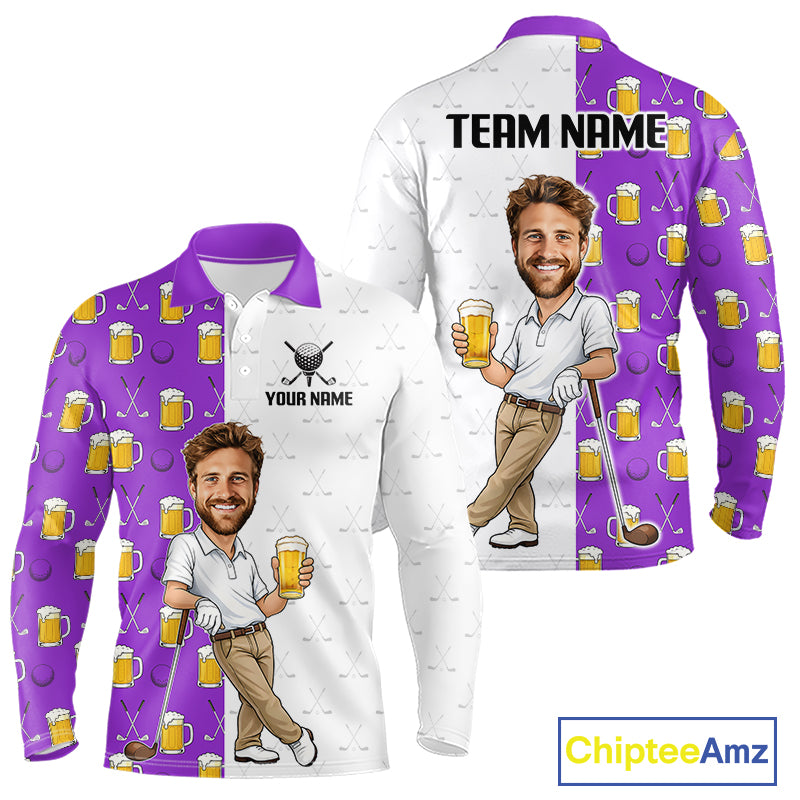 Custom Golf Polo With Face Funny Golfer Beer Lover Gift For Men|Purple