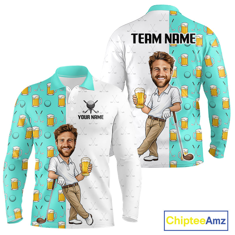 Custom Golf Polo With Face Funny Golfer Beer Lover Gift For Men|Turquoise