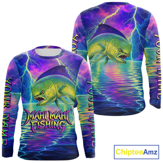 Angry Mahi Mahi Custom Fishing Shirts Long Sleeve, Design Neon Mahi Mahi Fishing Jersey NHT533