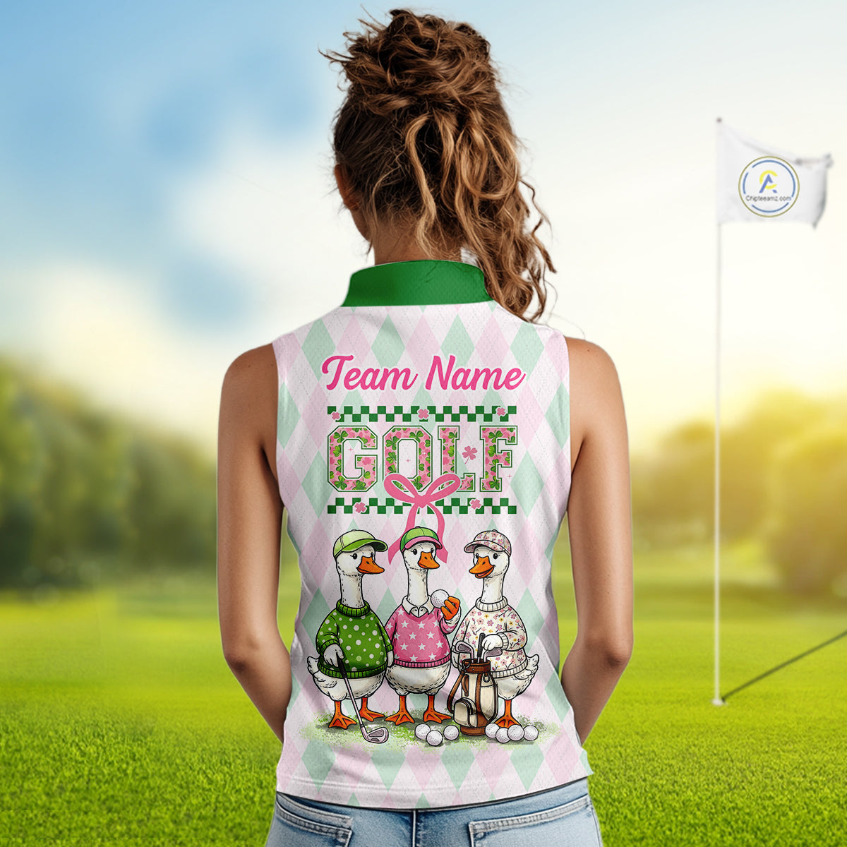 The Duck Family Golf Team – Personalized Matching Argyle Pattern Womens Sleeveless Polos Golf Shirt NHT723