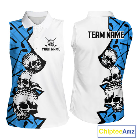 Custom Skull Womens Sleeveless Golf Polo Shirt Personalized Name, Golf Team Polo Jersey| Blue
