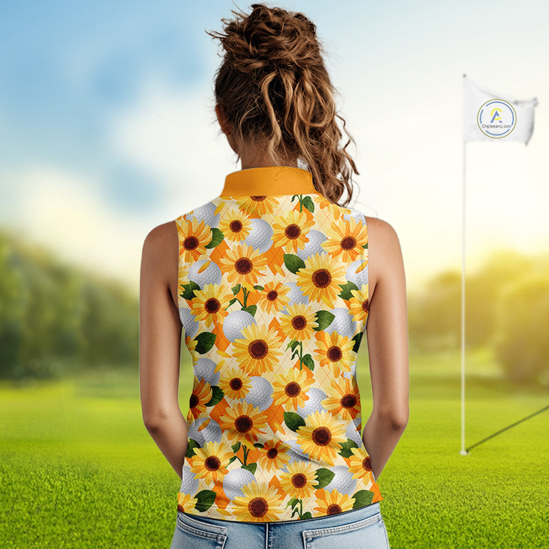 Personalized Sunflower Womens Sleeveless Golf Polo Shirt Custom Name Floral Golf Polo For Women