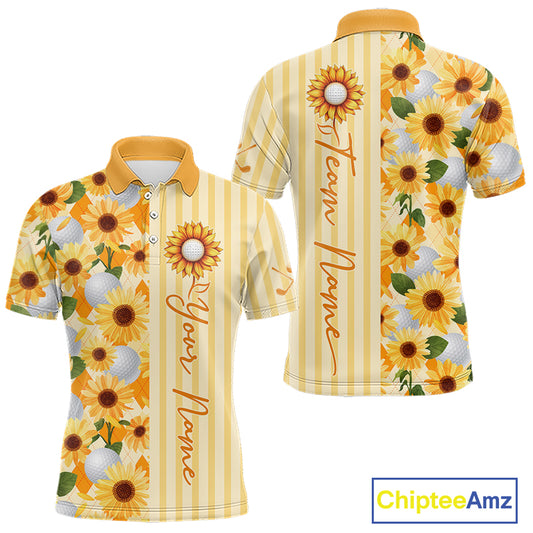 Personalized Sunflower Mens Golf Polo Shirt Custom Name Golf Ball Floral Polo Shirt