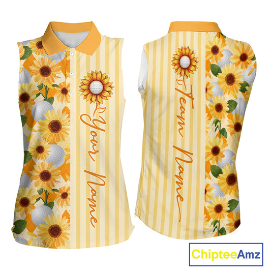 Personalized Sunflower Womens Sleeveless Golf Polo Shirt Custom Name Golf Ball Floral Polo Shirt
