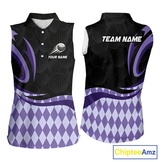 Personalized Womens Sleeveless Golf Polo Shirt Custom Name, Black Purple Argyle Golf Team Polo
