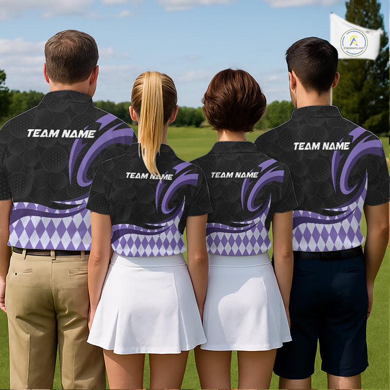 Personalized Womens Golf Polo Shirt Custom Name, Black Purple Argyle Golf Team Polo NHT1077