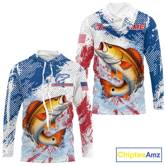 Custom Patriotic American Flag Redfish Fishing Shirts Long Sleeve Hooded, Fishing Tournament Jerseys NHT551
