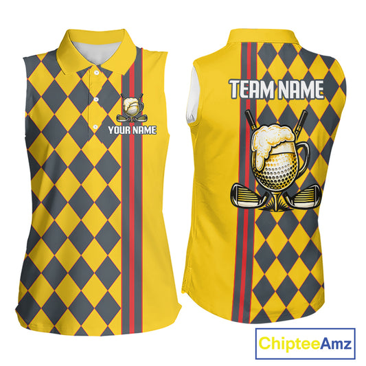 Personalized Womens Sleeveless Golf Polo Shirt Beer And Golf Ball Graphic Custom Team Name Golf Jersey|Yellow
