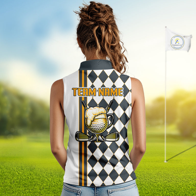 Personalized Womens Sleeveless Golf Polo Shirt Beer And Golf Ball Graphic Custom Team Name Golf Jersey|White